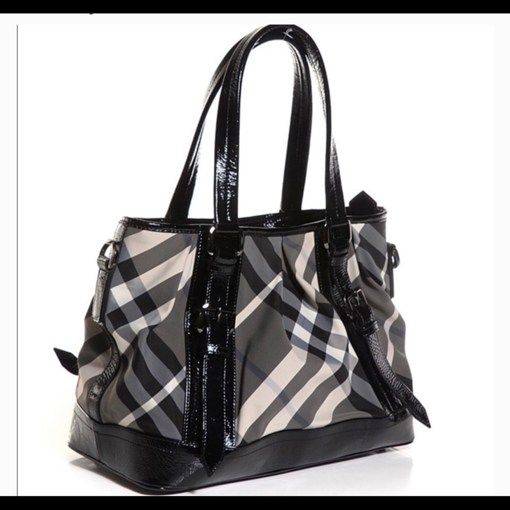 Burberry Black/Grey Nylon Check Large Tote Bag